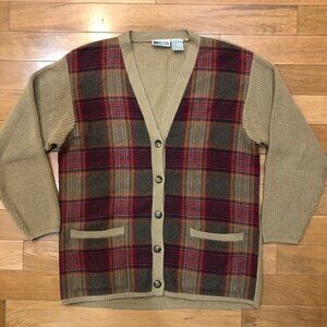 Vintage Russ Tan & Plaid Wool Blend Button-Up Cardigan Sweater M
